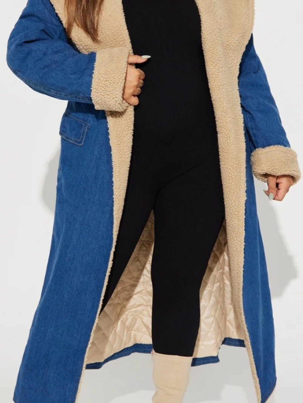 Fashion Nova Women’s Blue Denim Long Coat with Beige Sherpa Lining NWT